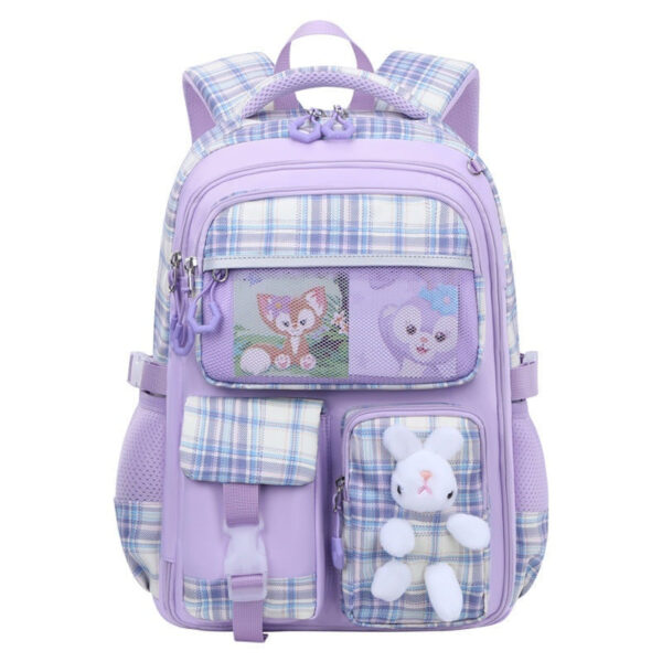 Cute Pastel Plaid Backpack with Plush Bunny Charm