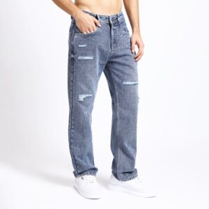 LIGHT BLUE BAGGY FIT DISTRESSED JEANS TEDDY 4715-2