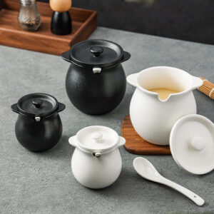 High-value Japanese simple black and white matte ceramic high-temperature resistant lard jar for home hotel restaurant kitchen seasoning jar